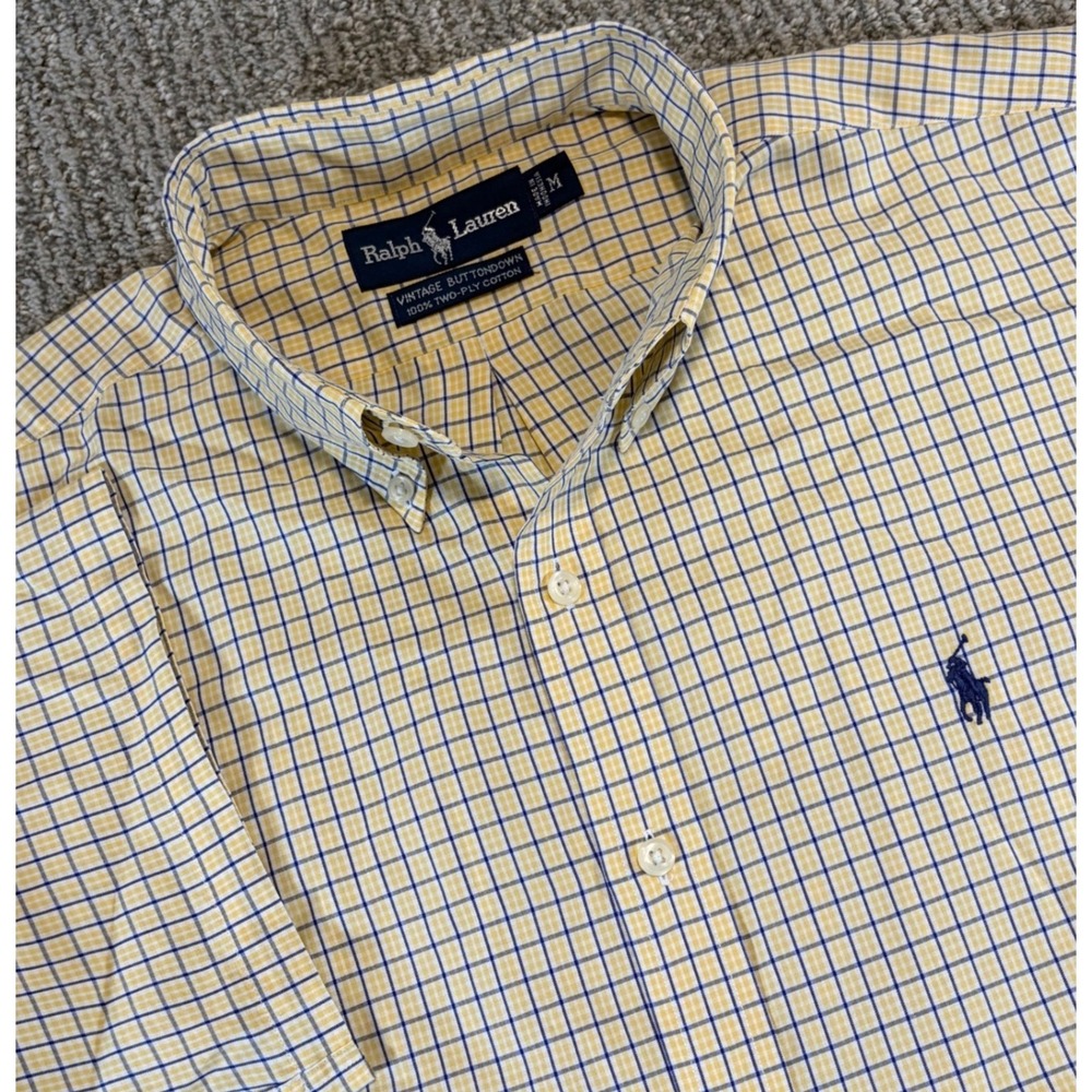 Polo Ralph Lauren Vintage Button Down Shirt Men M Yellow Check Short Sleeve Pony